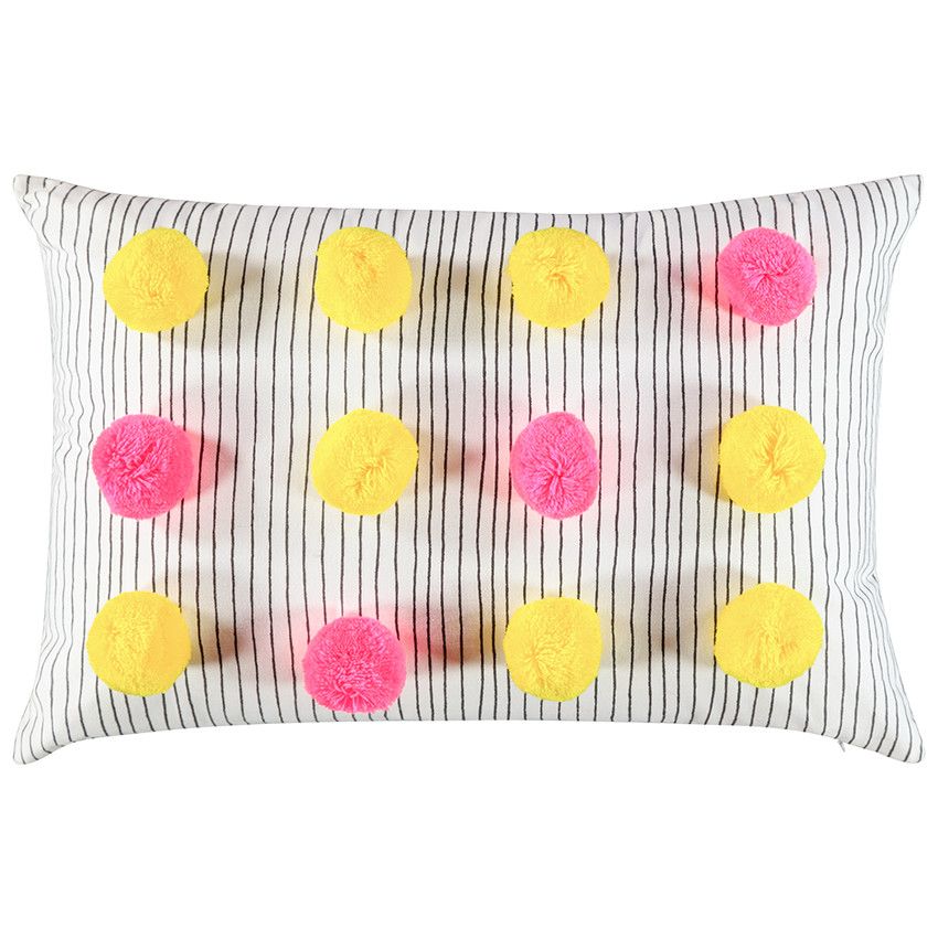 Coussin décoratif à pompoms colorés fluo - Gris
