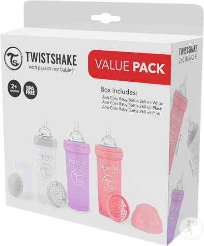 Twistshake Pack Biberons Anti-Colique 260ml Rose/ Violet/ Blanc +2 Mois 3 Pièces