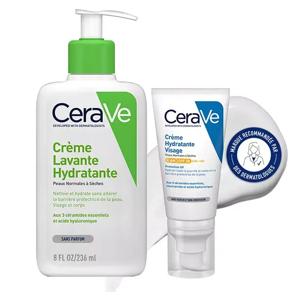 Rotina Facial CeraVe para Pele Seca: Creme de Limpeza Hidratante 236ml e Hidratante Facial FPS 30 52ml