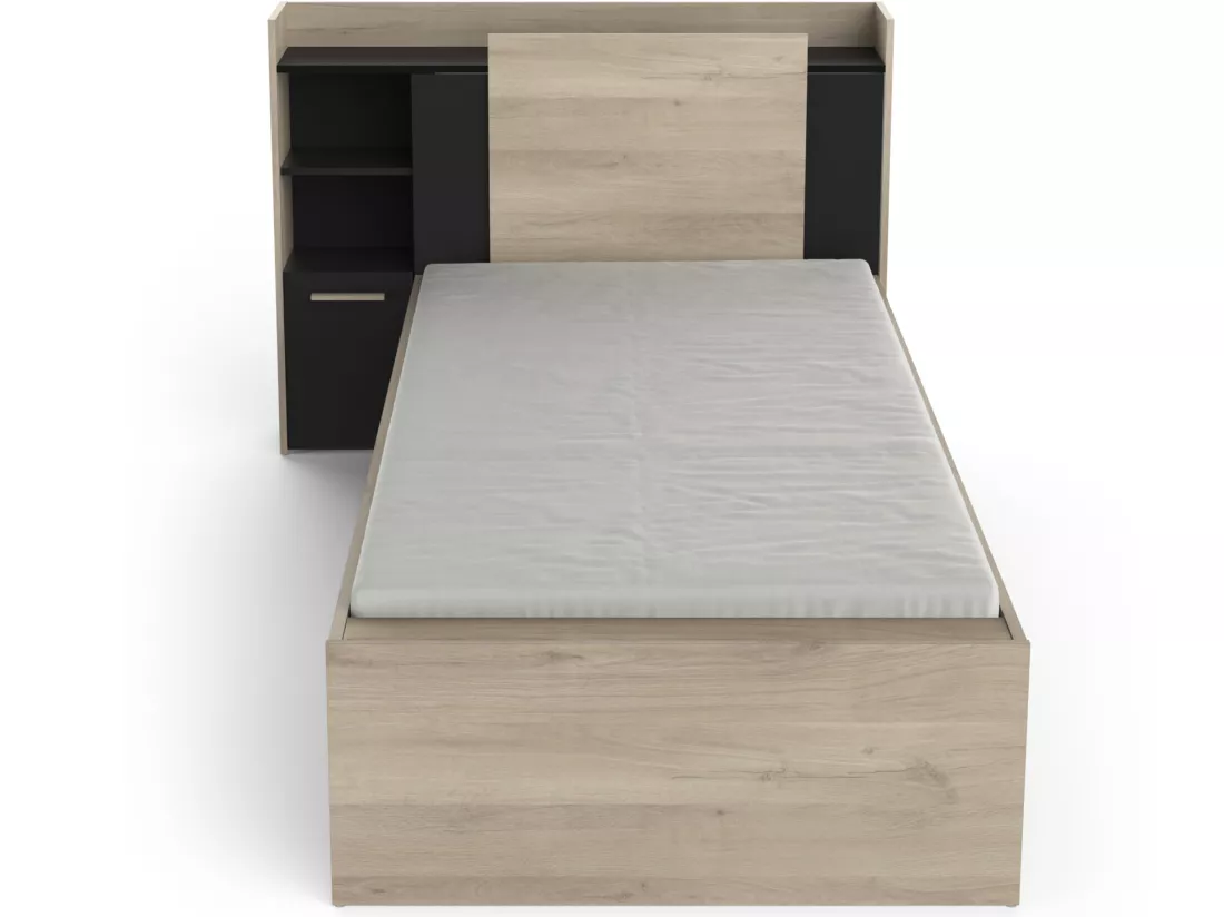 Lit modulable 90 x 190/200 cm avec rangements - Noir et naturel + Sommier - MARTELO