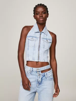 Top cropped jeans com decote halter e zíper frontal