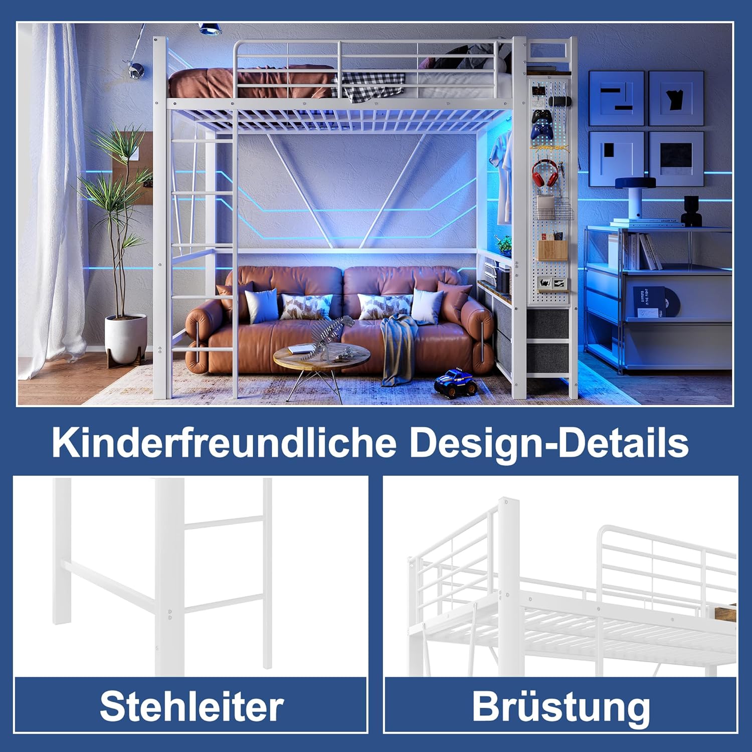 Kebnor Hochbett, Eisenrahmen, Mit Trockenstab, Mit Einlegeböden, 4 Schubladen, Mit USB+Type-C Steckdose, LED-Leiste, Geländer, Trittleiter, mit Lochbrett, ohne Matratze, 90 x 200cm (Weiß)