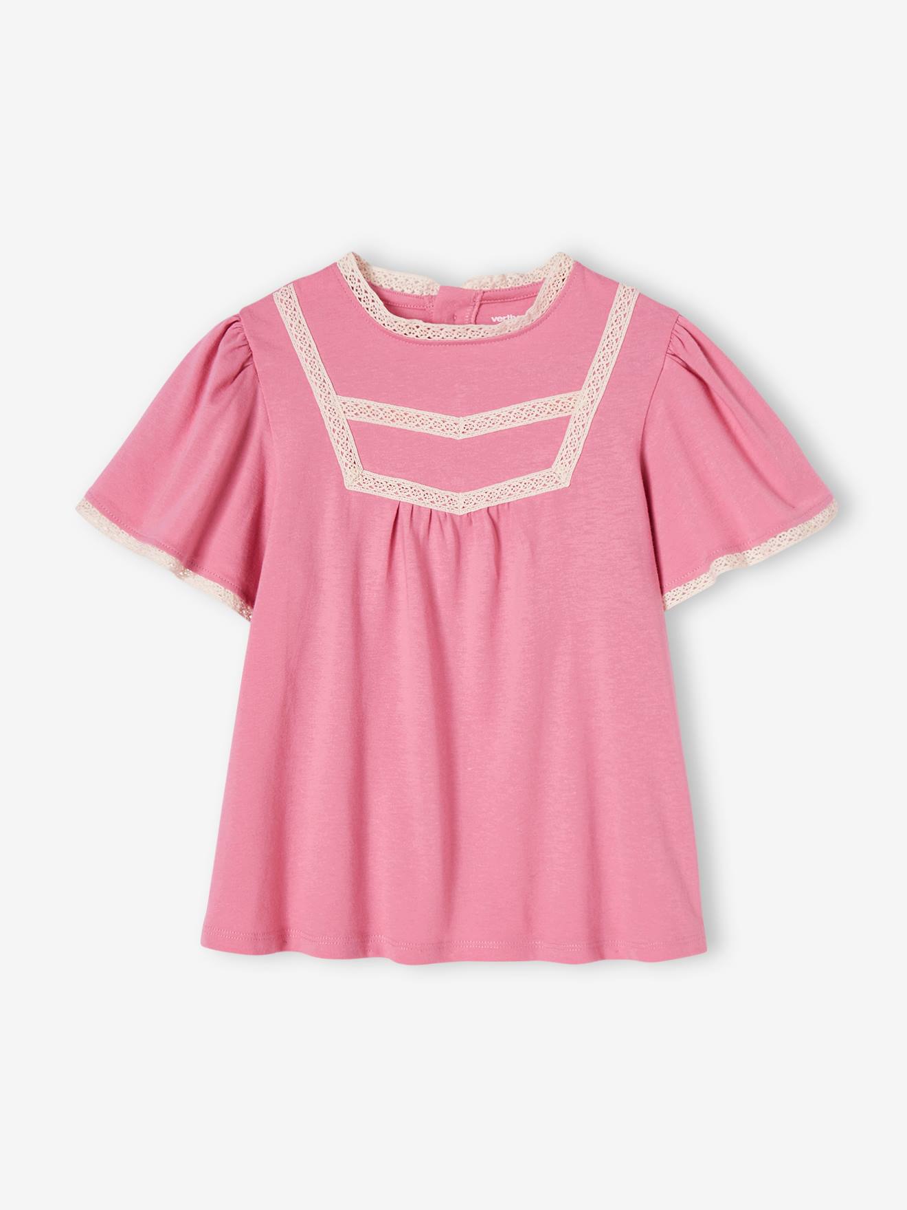 Blusa rosa chiclete estilo camiseta com detalhes em tricô vazado para meninas