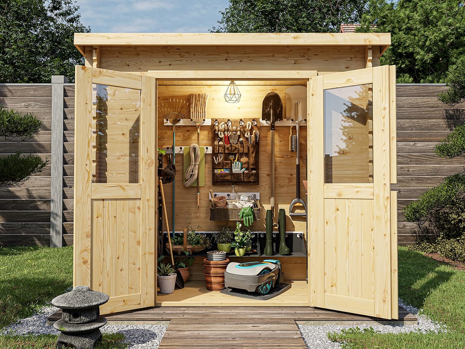 Holz Gerätehaus Mini 1 B | Wandstärke 28 mm | Blockbohlenbauweise | Naturbelassen | Pultdach | BxTxH: 230 x 127,5 x 204,4 cm | Inkl. Doppelflügeltür + Einflügeltür mit Echtglas | Ohne Fußboden