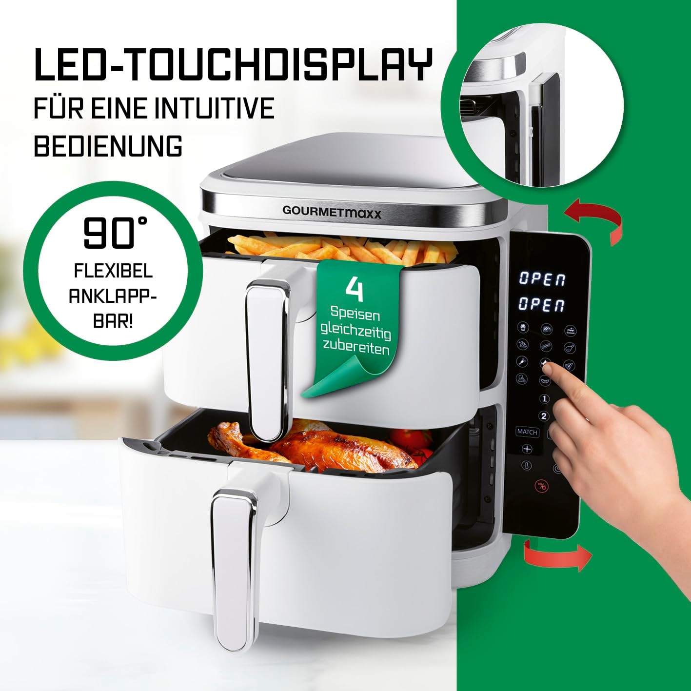 GOURMETmaxx FryUp Vertikale Doppelkammer Heißluftfritteuse | vertikaler Airfryer | klappbares Touchdisplay | 32% platzsparender | Fassungsvermögen 10L | Heißluftfritteuse 2 Kammern