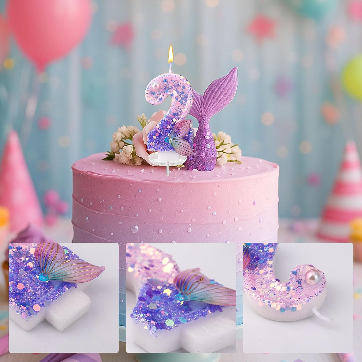 Zahlen Geburtstags Kerze Meerjungfrau Kuchenstecker Happy Birthday Deko für Torten / Kuchen - Zahl 2 / Lila