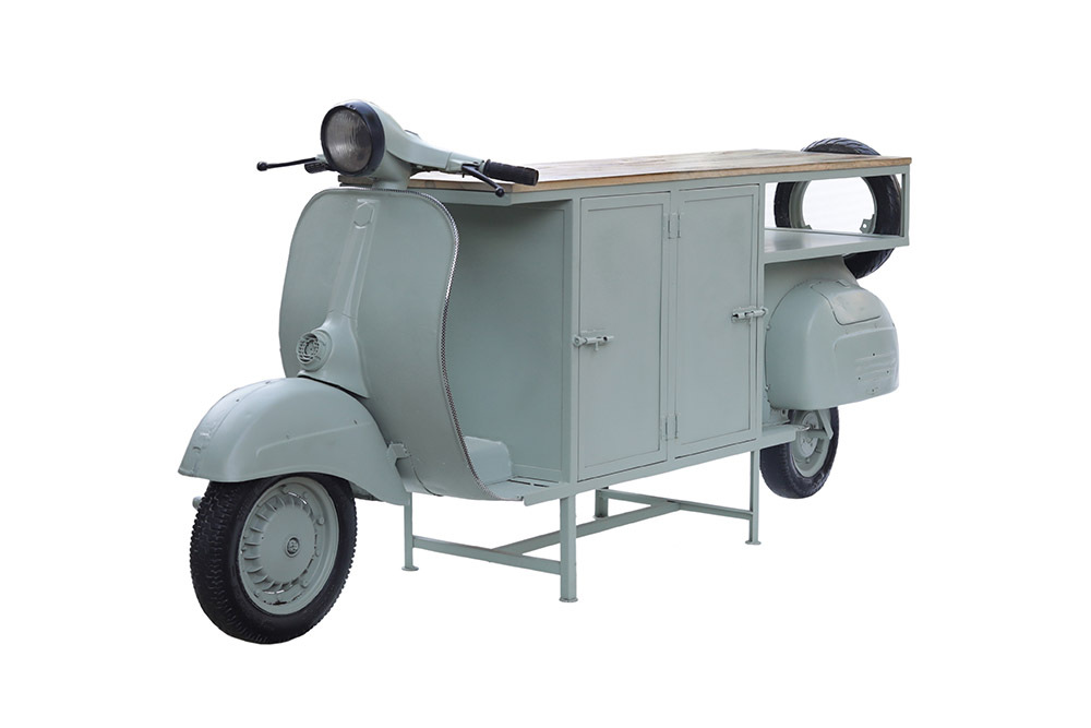 Extravaganter Barschrank SCOOTER 250cm salbei Retro-Konsole Motorroller mit Mangoholz Upcycling