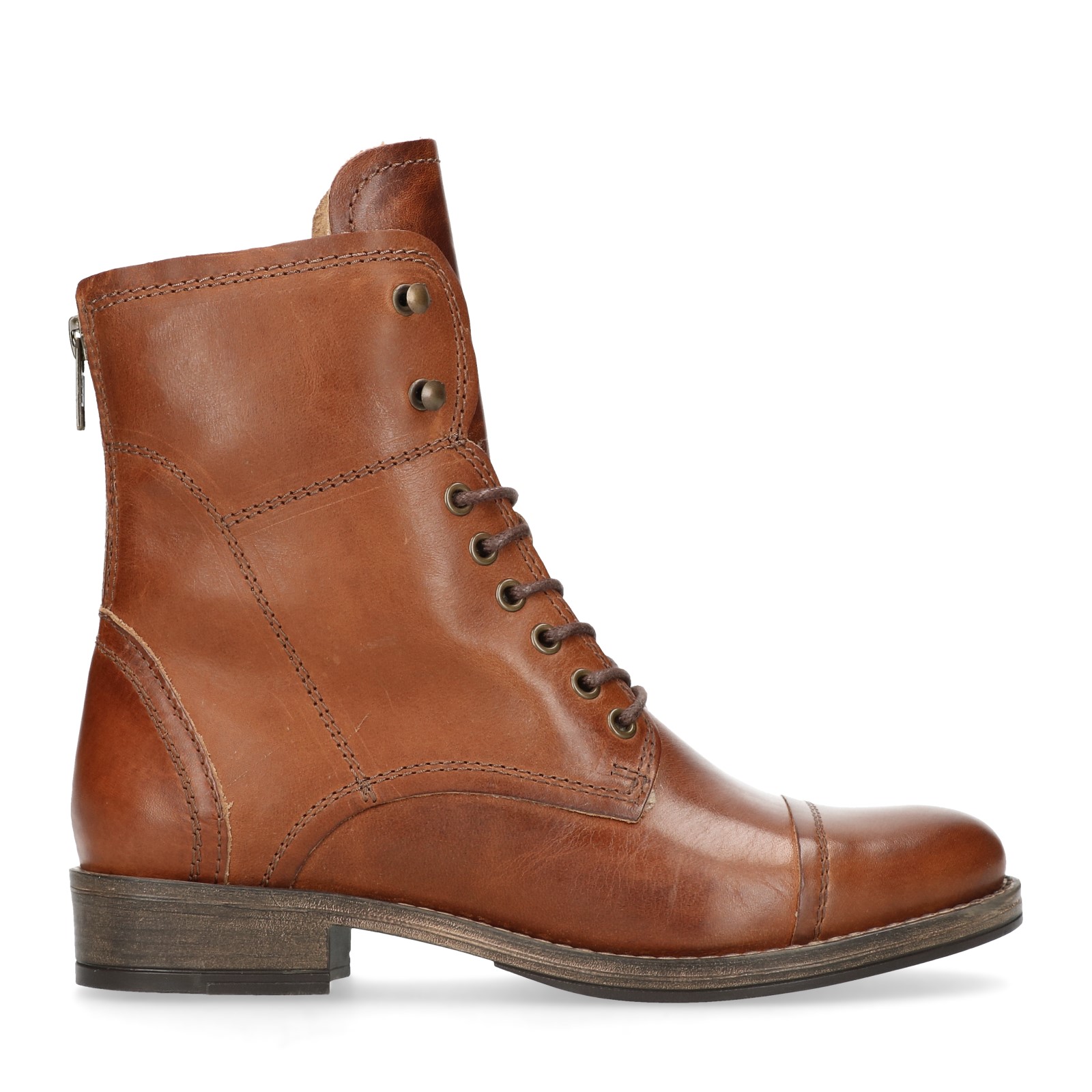 Cognac leren veterlaarzen met bont voering