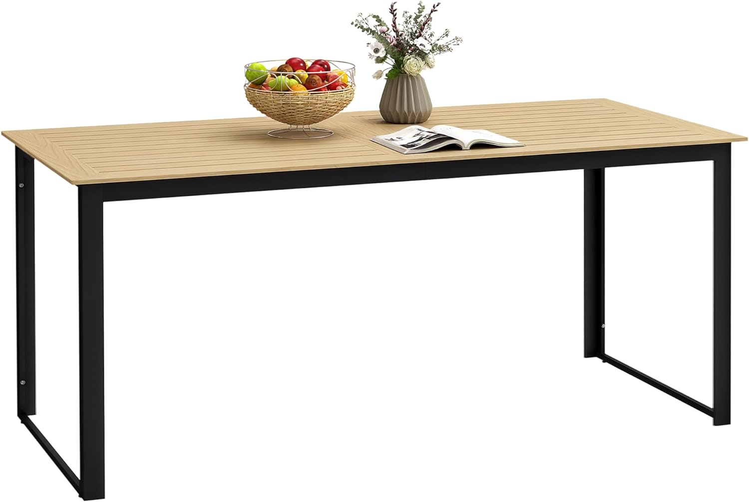 Outsunny Gartentisch Metall 175x78 cm Wetterfest Balkontisch mit Holzoptik, Lamellendesign Buffettisch Campingtisch für 6 Personen Terrassentisch Outdoor Esstisch für Garten, Terrasse Balkon Schwarz