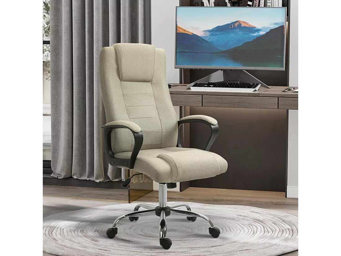 Fauteuil de bureau à roulettes chaise manager ergonomique pivotante hauteur réglable lin beige