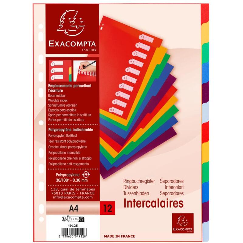 Intercalaires polypropylène opaque semi rigide 12 positions - A4 - Couleurs assorties