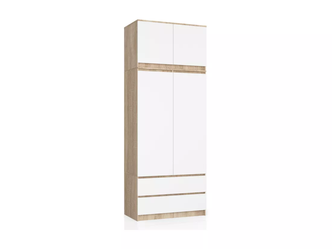 Armoire avec surmeuble AKORD S90 Chêne Sonoma 90 cm 2 portes 2 tiroirs façade Blanche 6 étagères 90x51x234 cm