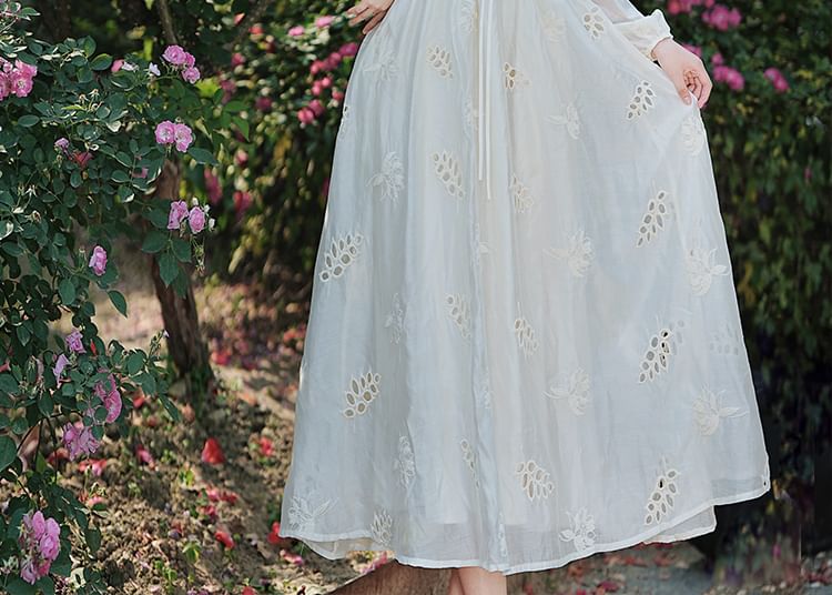 Nebbia - Lange mouw V-hals mesh maxi A-lijn jurk