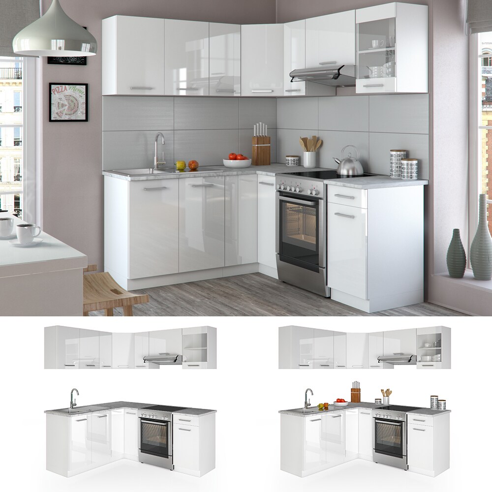 Vicco Küche Küchenzeile L-Form Küchenblock Einbauküche Komplettküche 167x187cm Weiß HGL