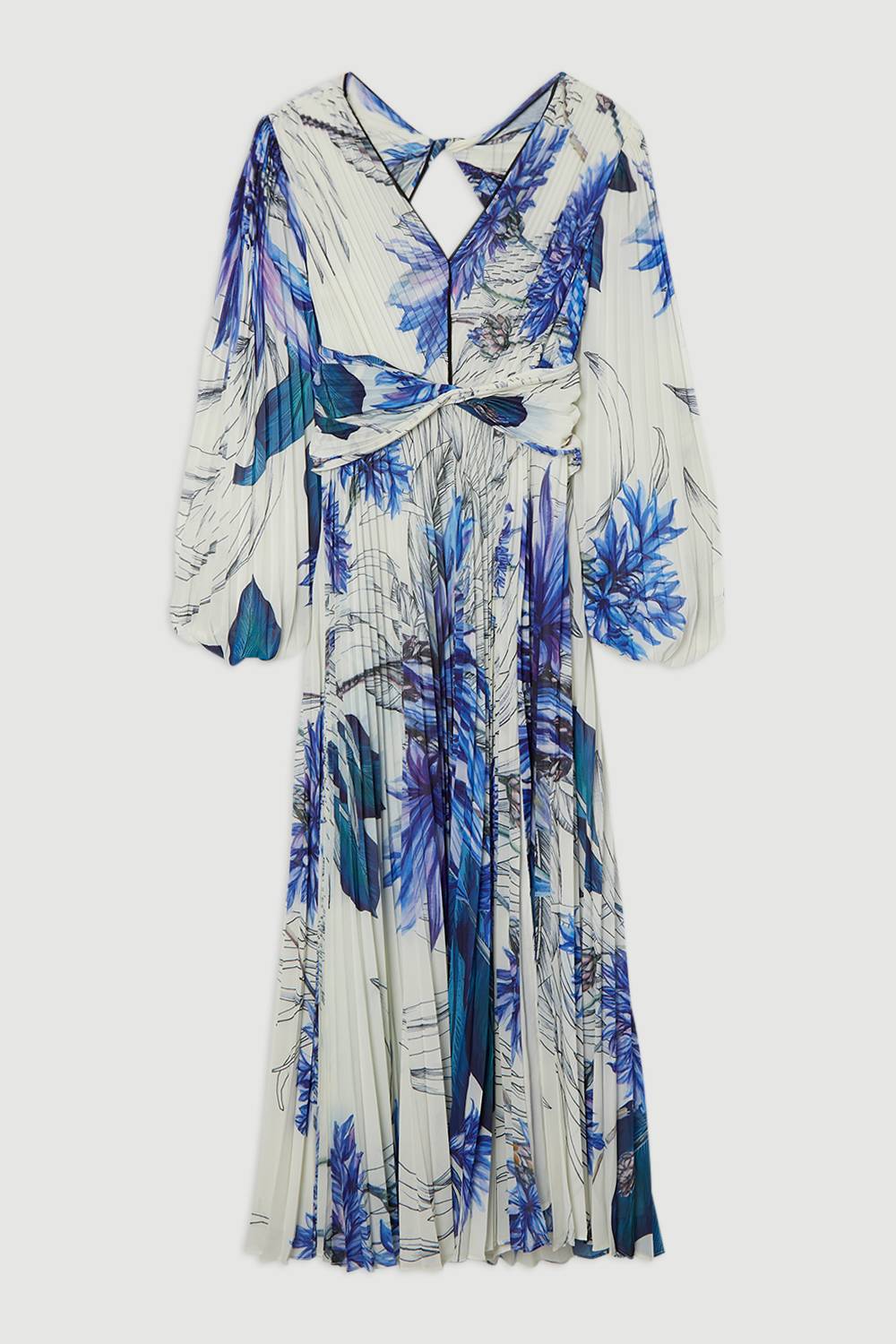KarenMillen Robe maxi tissée à imprimé floral, manches ballon, plissée, froissée et découpée