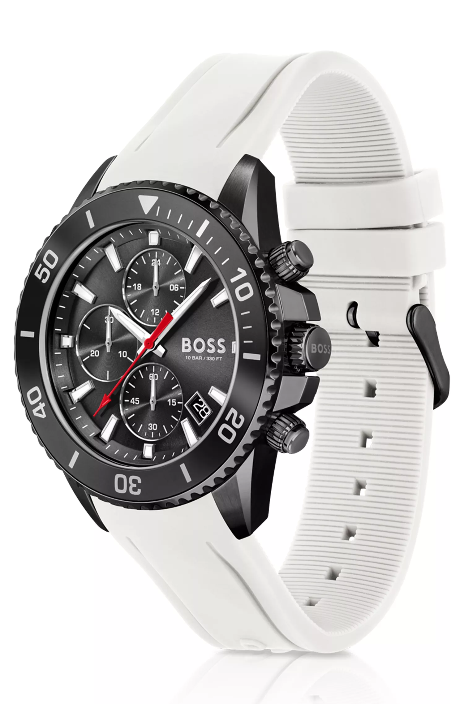Relógio cronógrafo BOSS com pulseira de silicone preta e branca e mostrador preto.