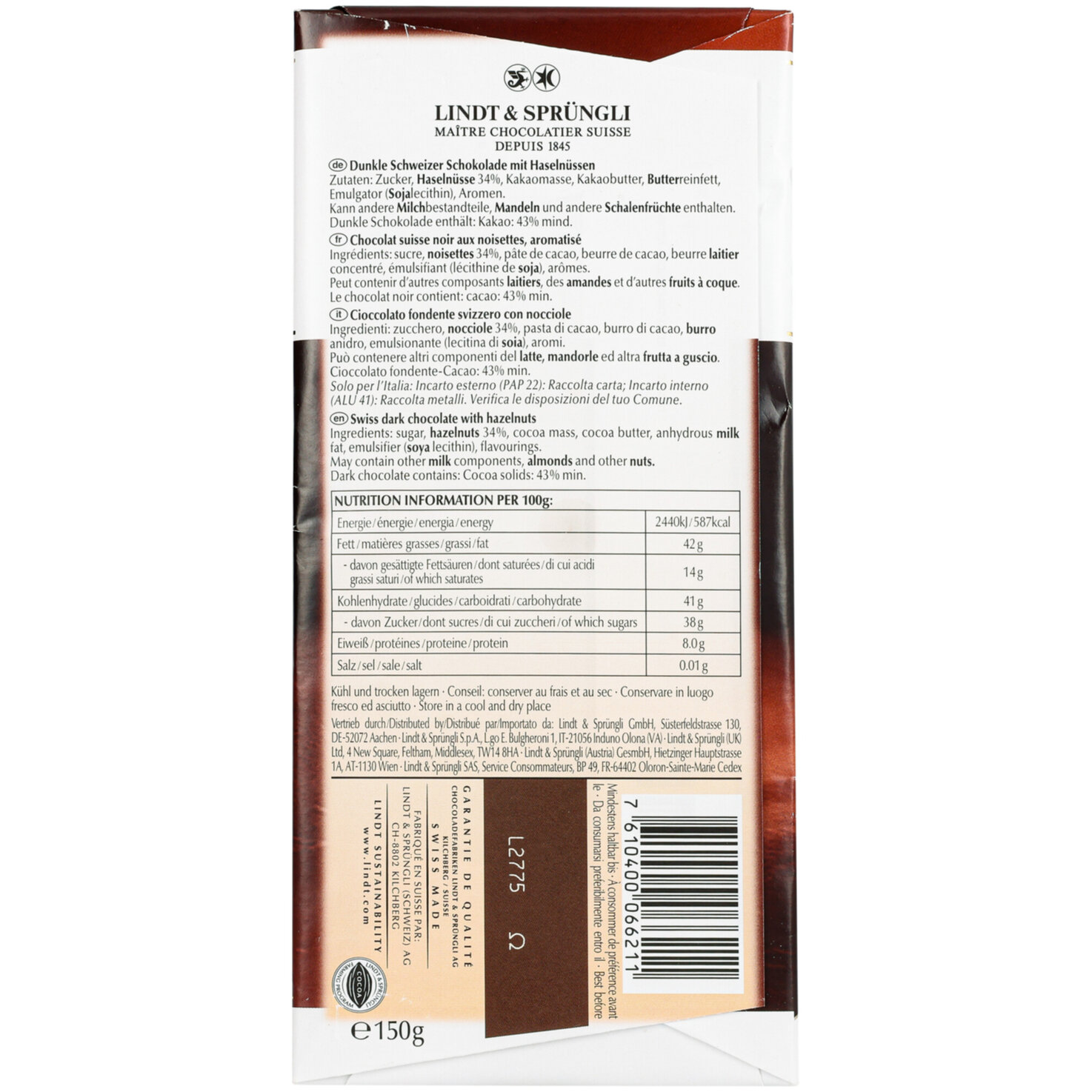 Lindt Les Grandes Dunkel Nuss Tafelschokolade