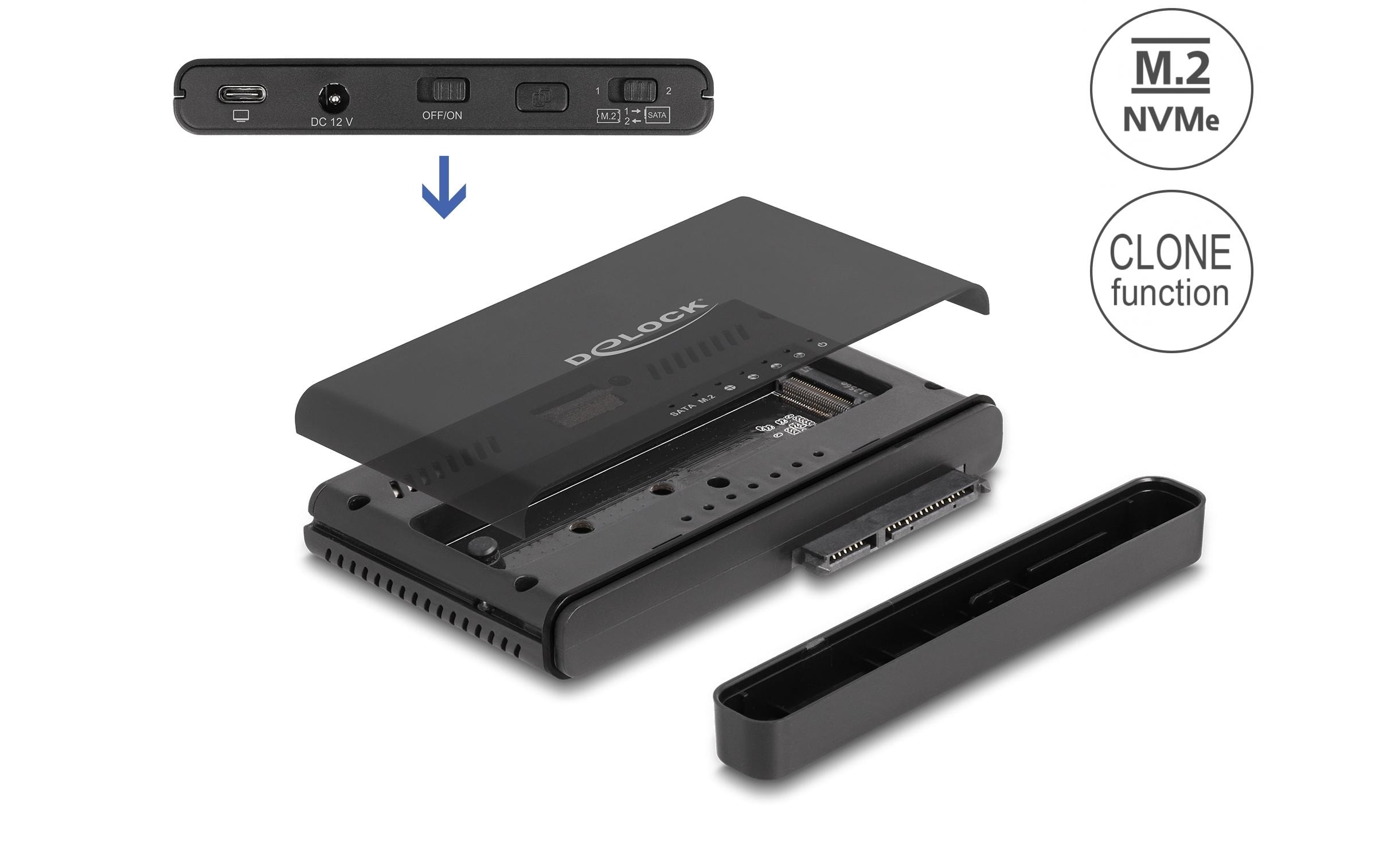 Konverter USB-C für 1x M.2 NVMe SSD +1x SATA SSD/HDDDelock USB Type-C Konverter für 1 x M.2 NVMe SSD + 1 x SATA SSD / HDD mit Klon Funktion