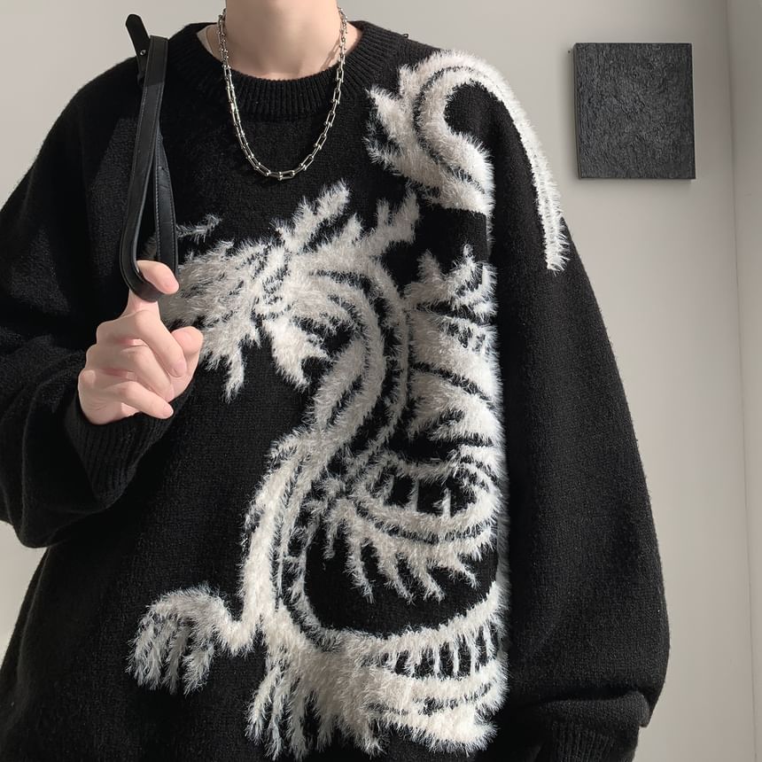 Breeson - Oversized trui met ronde hals en drakenprint