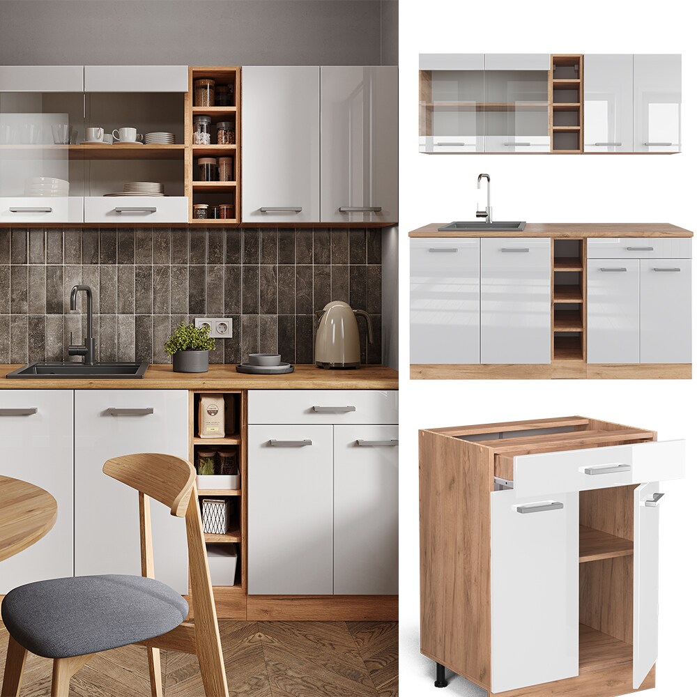Vicco Küchenzeile Küchenblock Einbauküche R-Line Single Eiche Weiß Hochglanz 160 cm