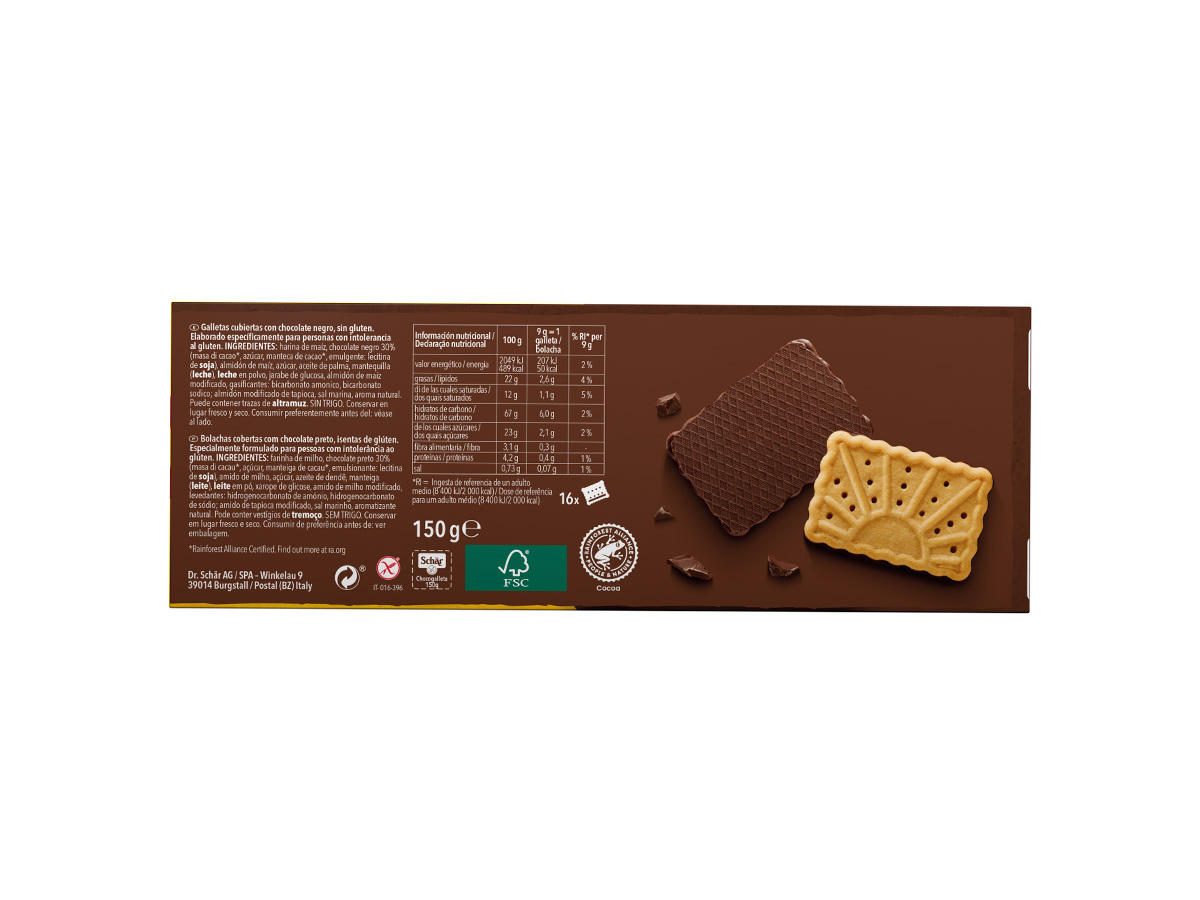 BOLACHAS COBERTA COM CHOCOLATE NEGRO SCHAR SEM GLUTEN 150G