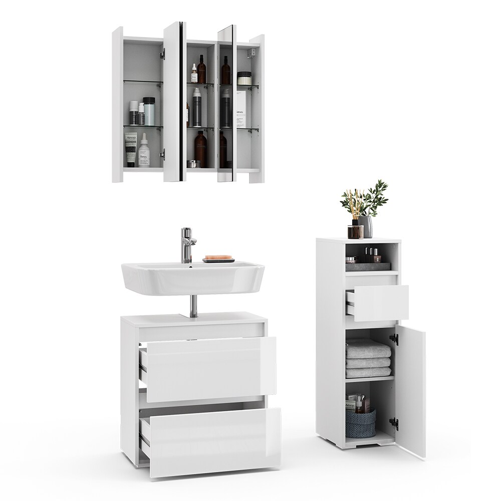 Vicco Badmöbel-Set Badezimmer-Möbel Bad-Schrank Majest Weiß Hochglanz modern Badezimmerschrank Waschbeckenunterschrank Spiegelschrank Midischrank Schranktür Schrankfach Schrankschublade