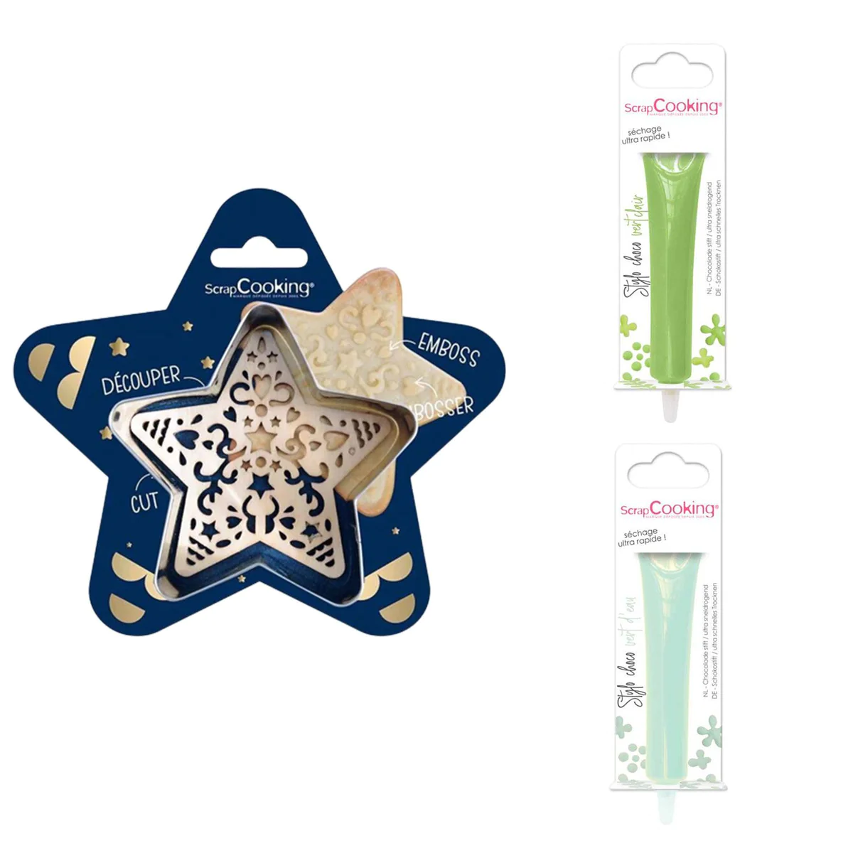 Kit pour biscuit en relief Étoile + 2 Stylos au chocolat vert clair et