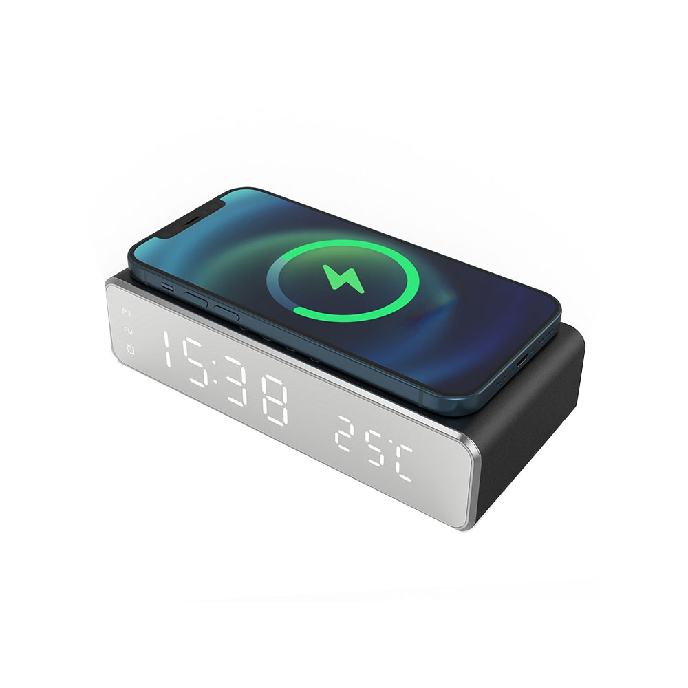 (16x8cm) Digitaler LED Wecker Dimmbar mit Thermometer und Qi Wireless Ladestation - Schwarz