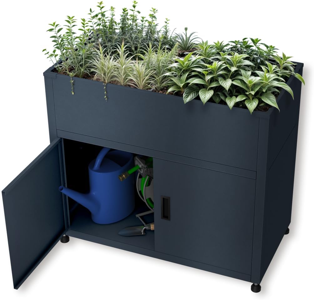 Metzler Hochbeet für den Garten mit Stauraum – Pulverbeschichteter Stahl in Anthrazit RAL 7016 | Witterungsbeständiges Metall-Gartenbeet, Pflanzenbeet, Blumenhochbeet | 100 x 90 x 50 cm