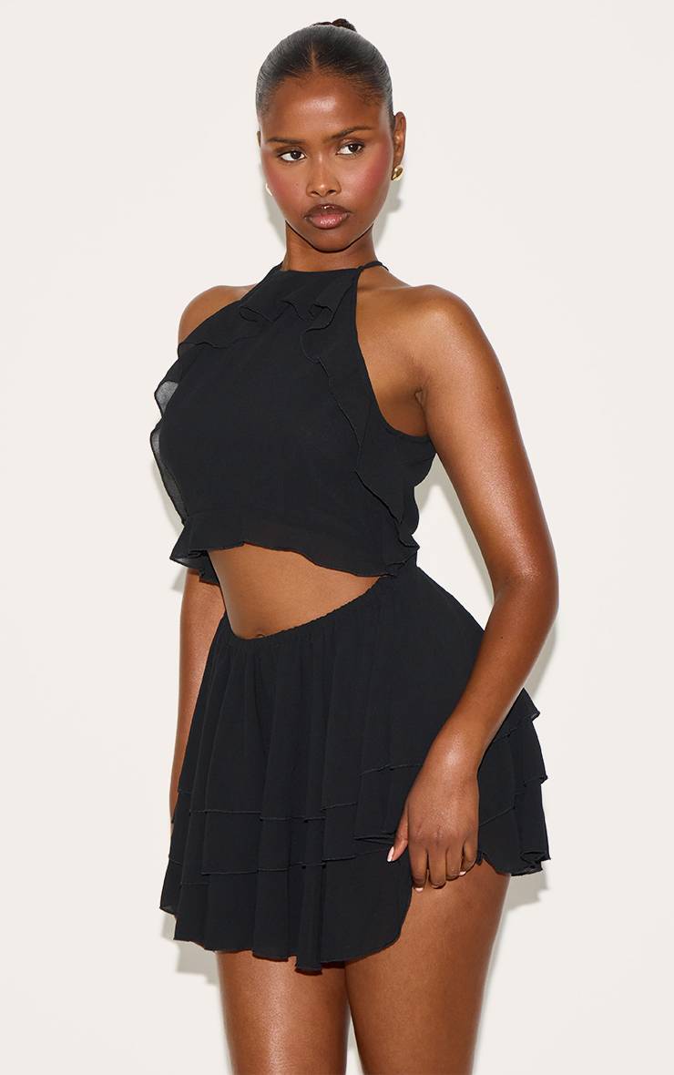 Noir Robe Droite À Découpes Et Volants Avec Col Licou