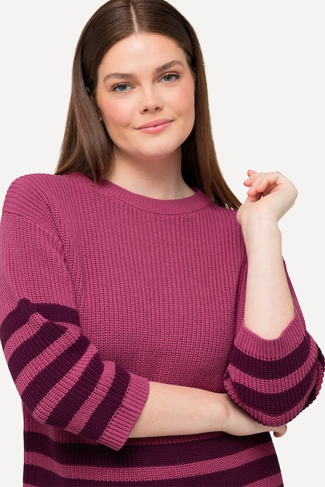 Pullover, Streifen, Boxy, Rundhals, 3/4-Arm, Biobaumwolle
