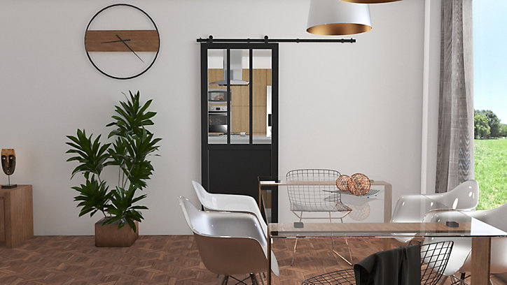 Porte coulissante vitrée esprit atelier noir H.204 x l.93 cm