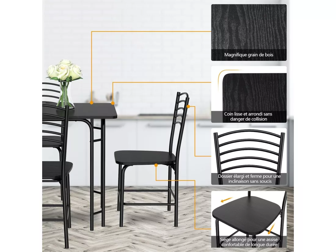 Table à manger avec 4 chaises, cadre en métal, surface en faux marbre noir