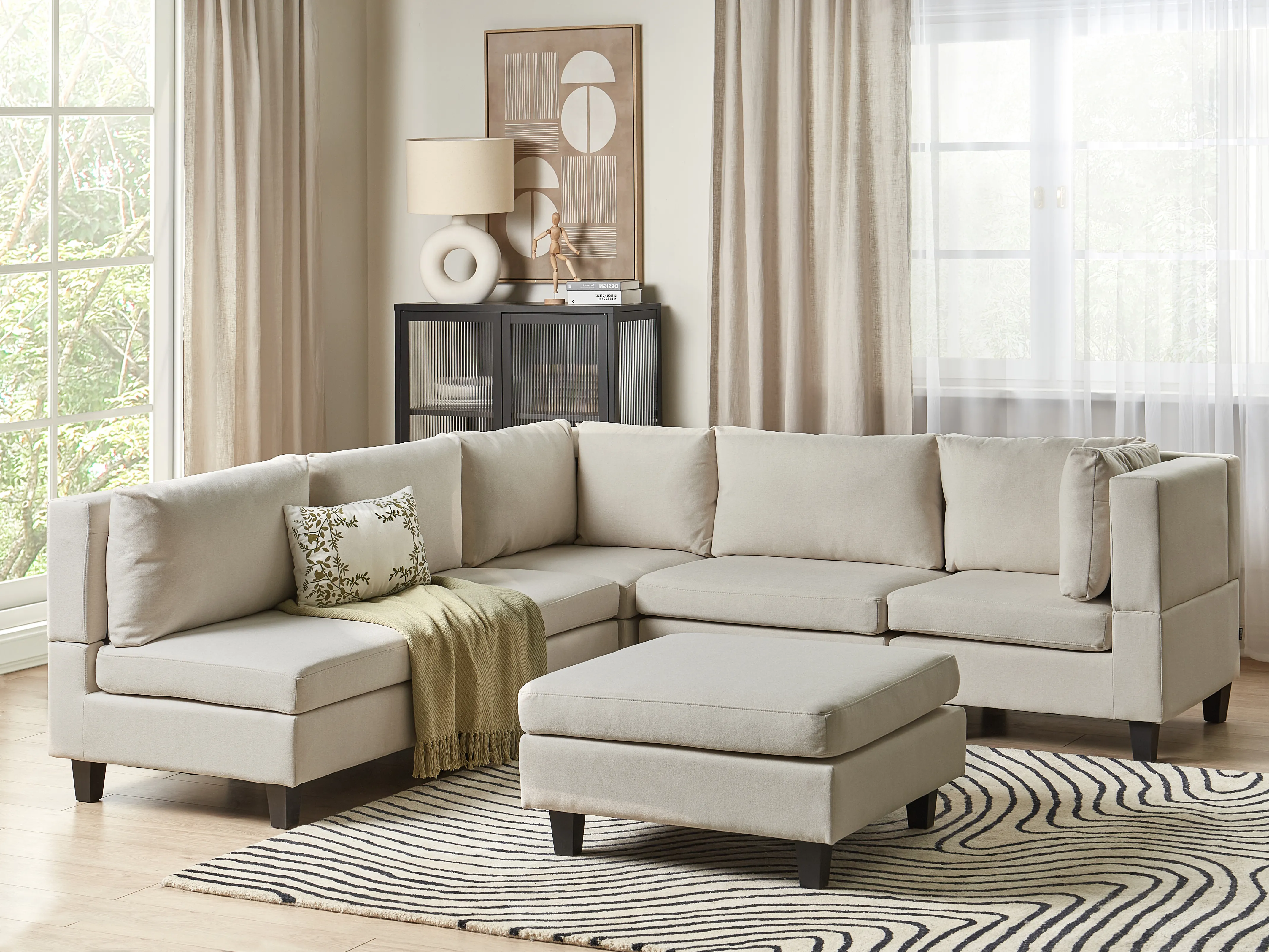 Modulaire hoekbank 5-zits UNSTAD Stof Lichtbeige met ottomaan linkszijdig