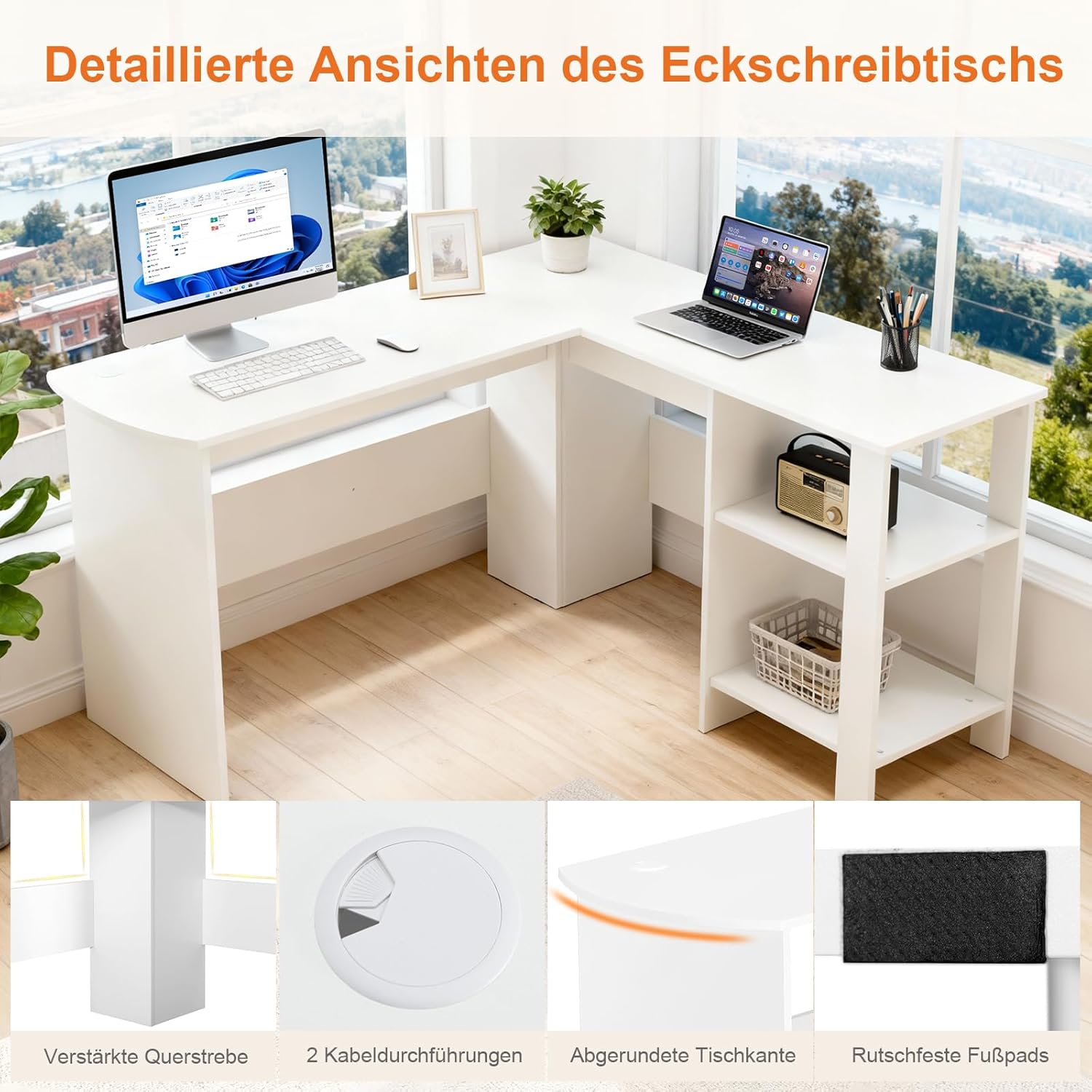 Sweetcrispy L-Form Schreibtisch mit Regal & Schrank, 130x130x74cm Eckschreibtisch, Starker Gaming Tisch mit Ablageflächen, Einfacher Montage, Weiß