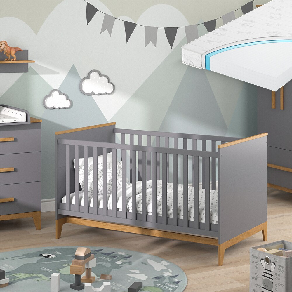 VitaliSpa Kinderbett Babybett Juniorbett Malia Grau Eiche Matratze modern 70x140 cm Kinderzimmer Bett Babyzimmerbett Kindermöbel Babymöbel Schlupfsprossen Lattenrost Rausfallschutz Einzelbett