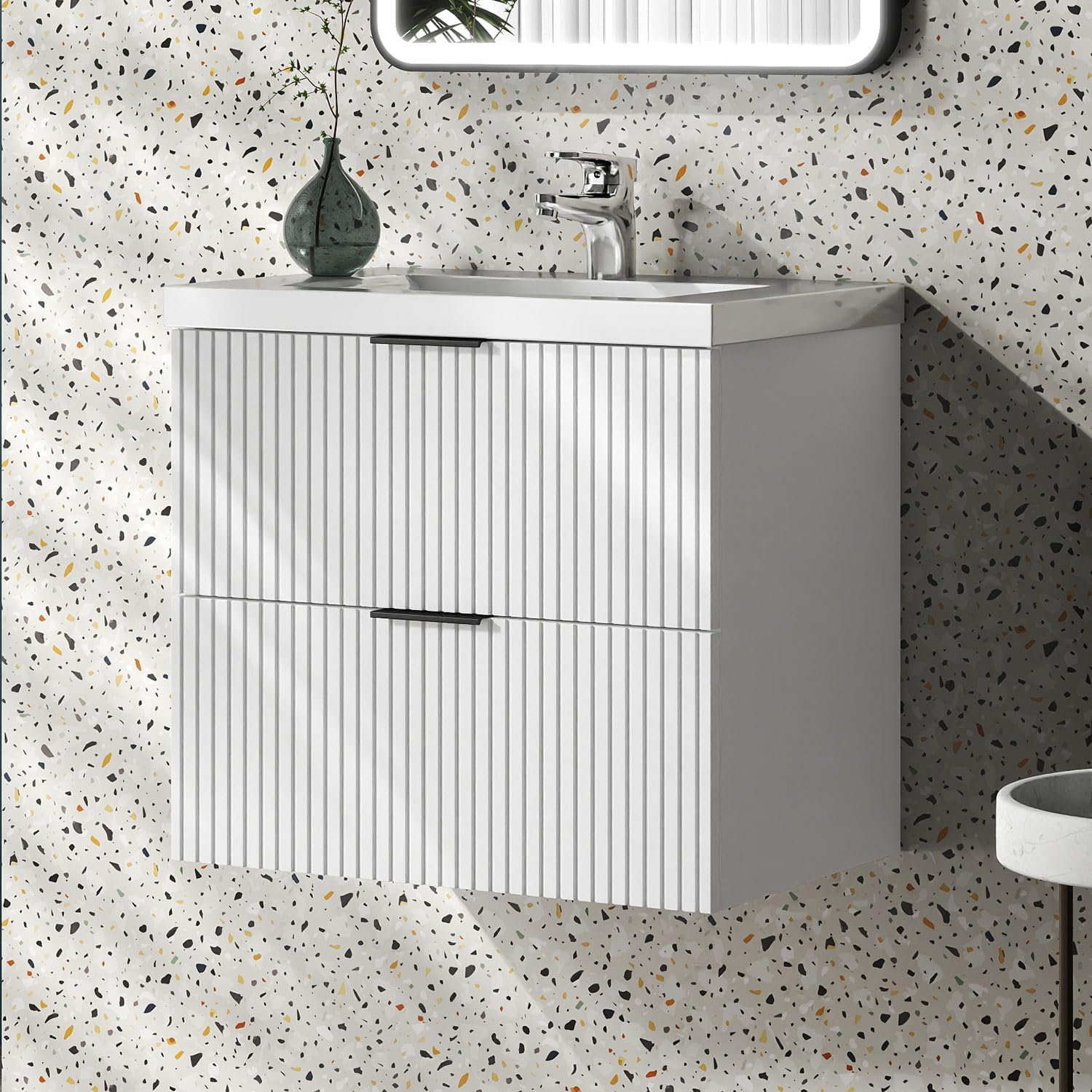 Aica Sanitär Waschtisch mit Unterschrank 60cm Riva Badmöbel Set Weiß Waschbecken mit Unterschrank MDF Softclose