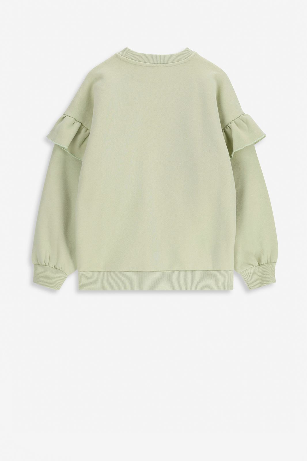 Lichtgroene oversized sweater met ruffles en smiley patch