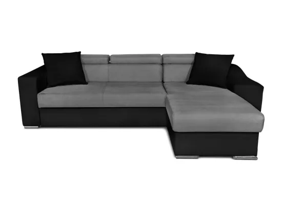 Canapé d'angle Elona convertible bi-matière Gris et Noir avec poufs de rangement à gauche - L264 x P162 x H75cm - Loungitude