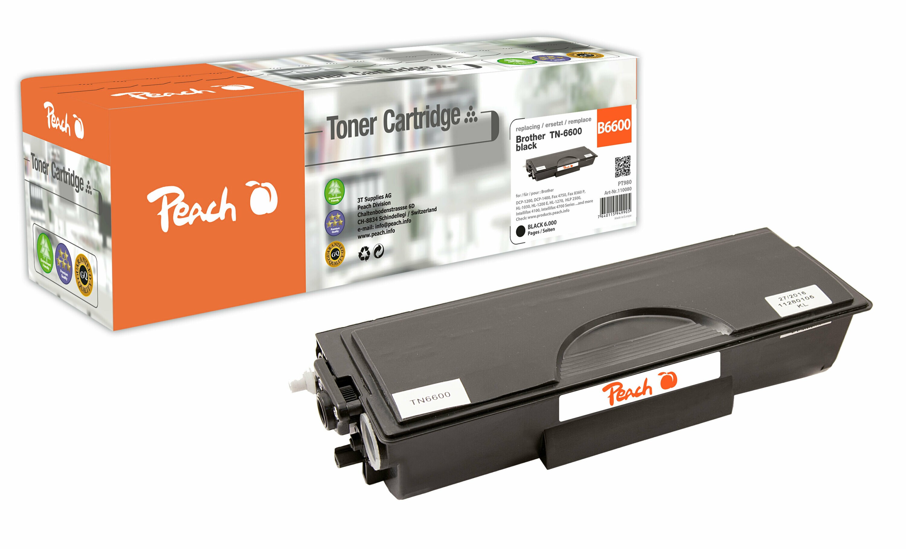 Peach B6600Toner bk ersetzt Brother, Pitney Bowes TN-6600 für z.B. Brother DCP -1200, Brother DCP -1400, Brother Fax 4750, Brother Fax 5750 (wiederaufbereitet)