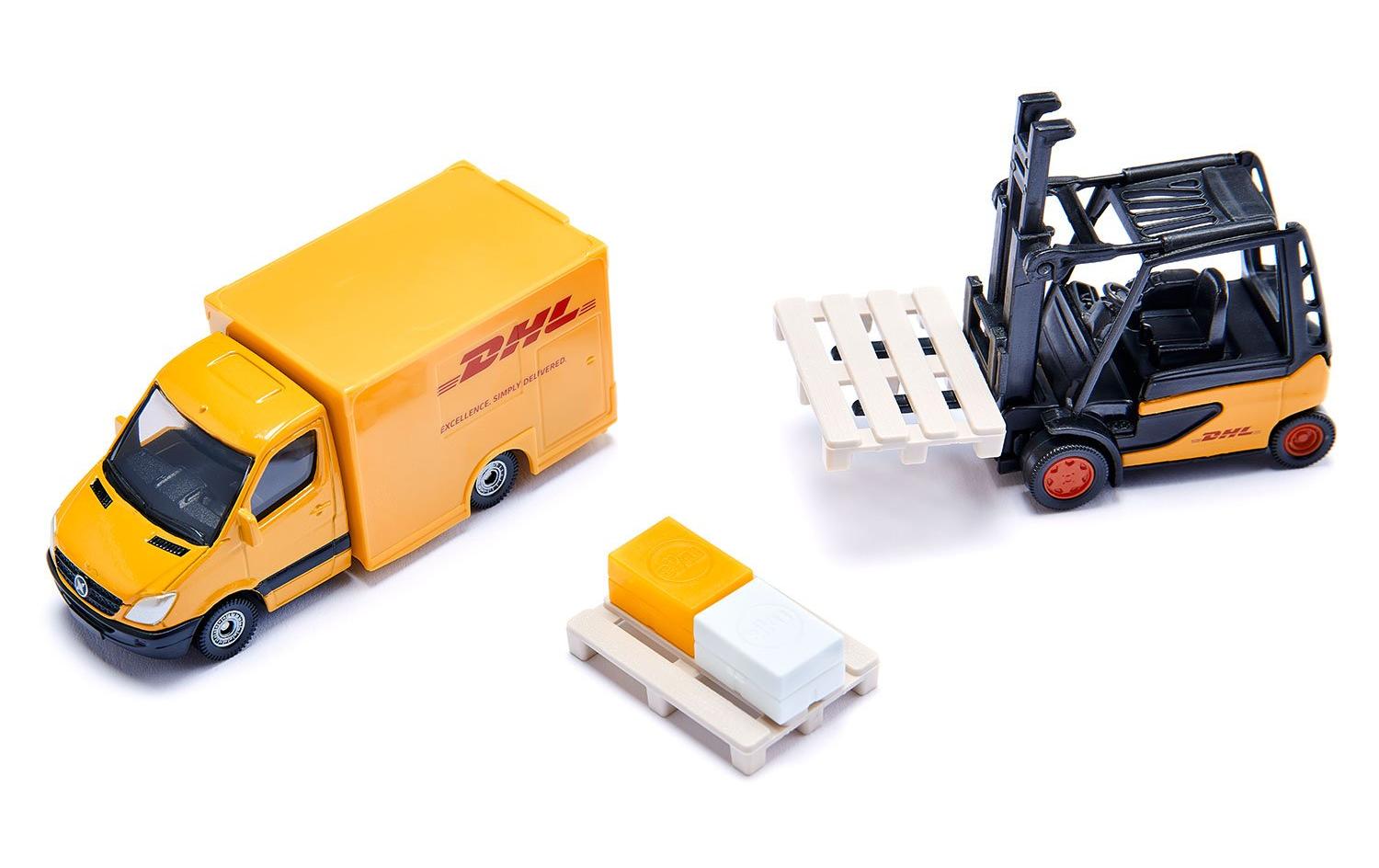 DHL Logistik Set 3 FahrzeugeSiku Super Geschenkset mit Lastwagen, Lieferwagen und Gabelstapler