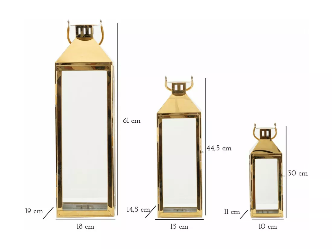 Set de 3 lanternes dorées en métal et verre - 18x19x61 cm, 15x14,5x44,5 cm, 11x10x30 cm - pour illuminer votre intérieur avec une lumière magique.