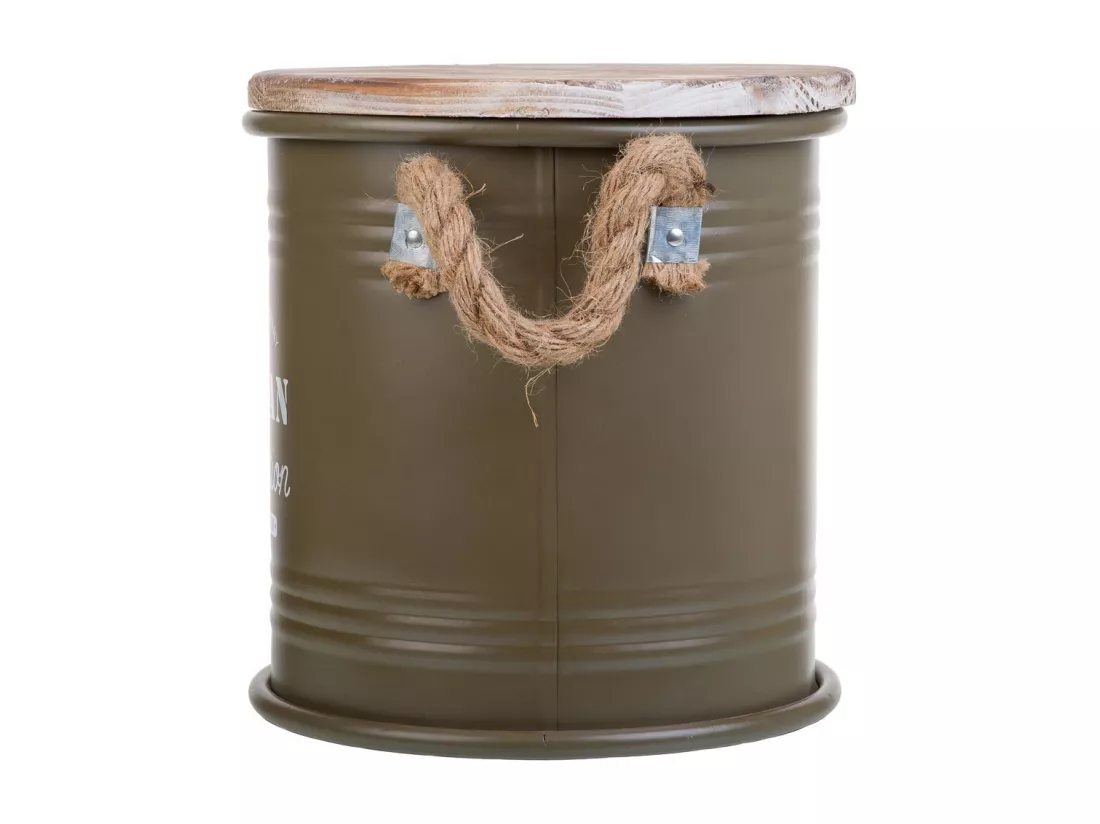 Boîte ronde en métal, couvercle en bois et poignées en corde imprimée verte D25x27h cm