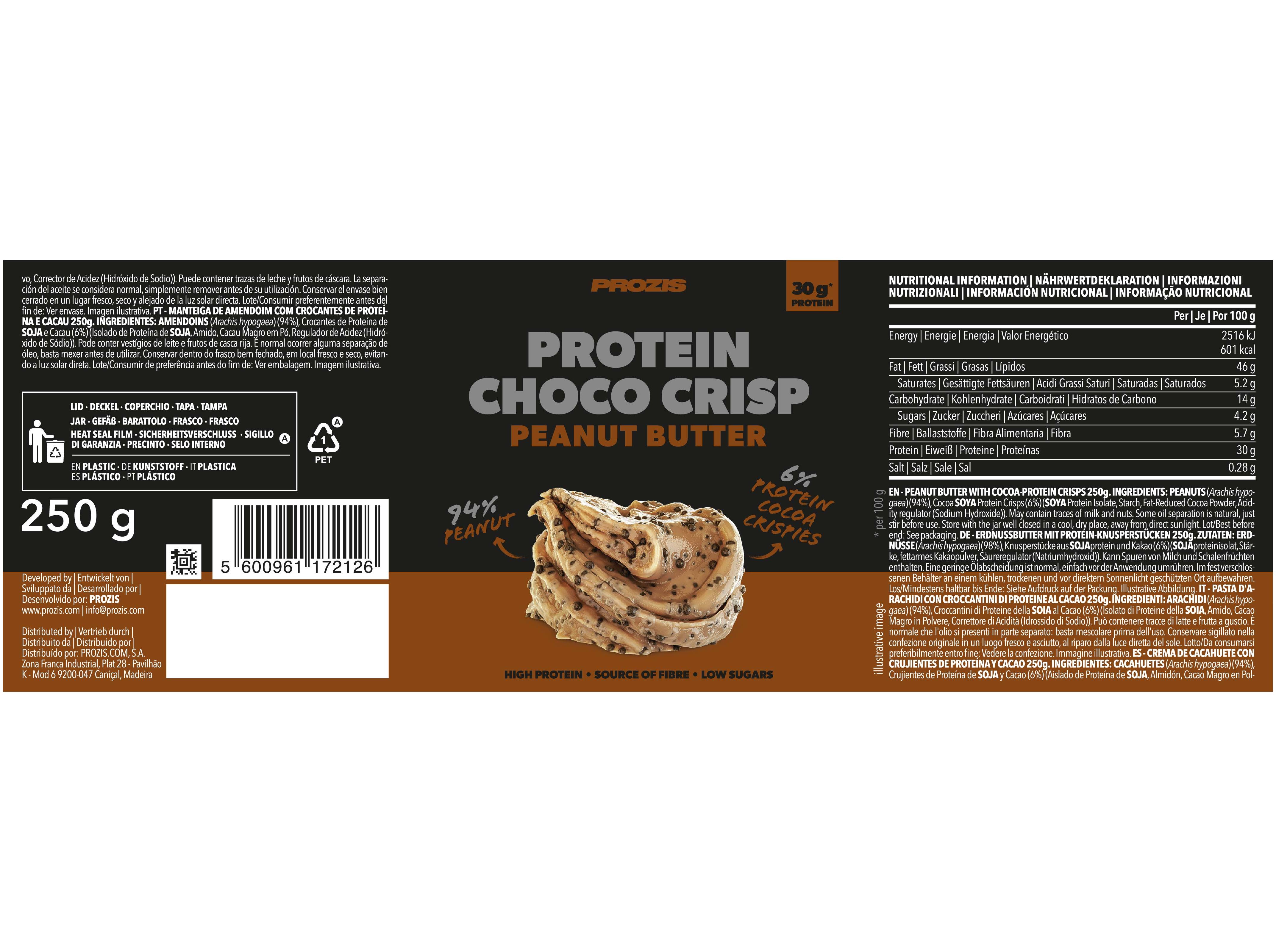MANTEIGA AMENDOIM PROZIS C/ CROC. PROTEÍNA E CACAU 250G