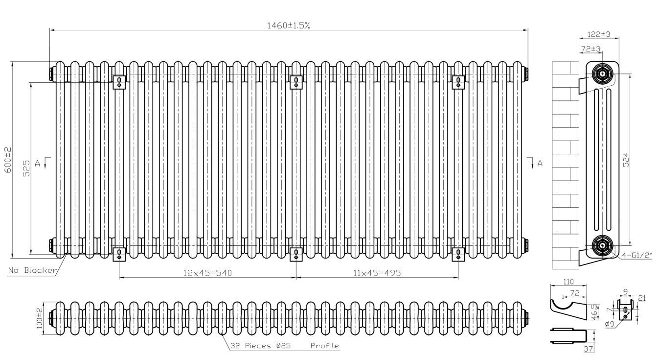 Eastbrook Imperia 3 koloms radiator 145x60cm 3024W wit glans