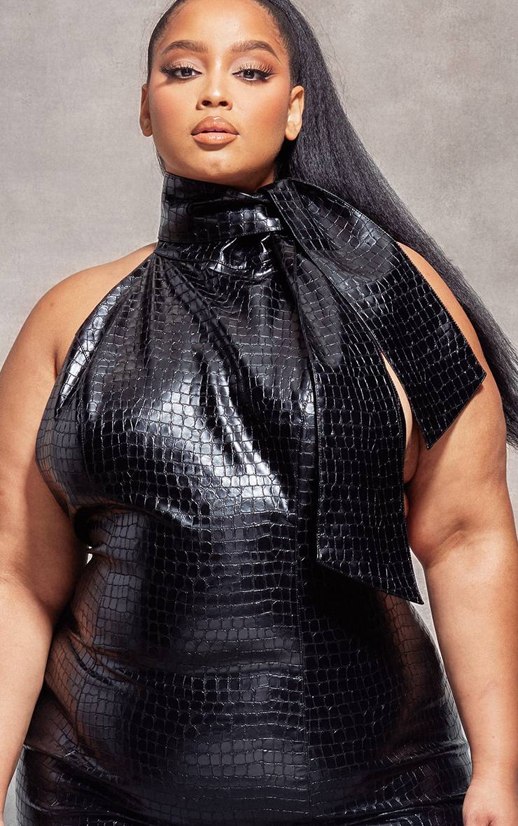 Robe Moulante En Synthétiquecuir Effet Croco Avec Nœud Grande Taille