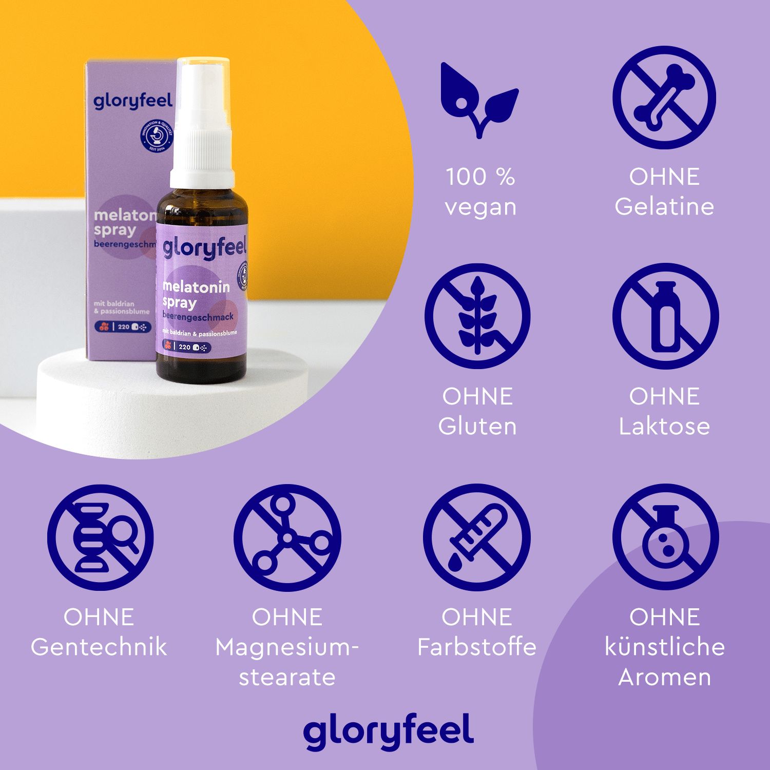 gloryfeel® Melatonin + Baldrian, Lavendel & Melisse Spray Beere