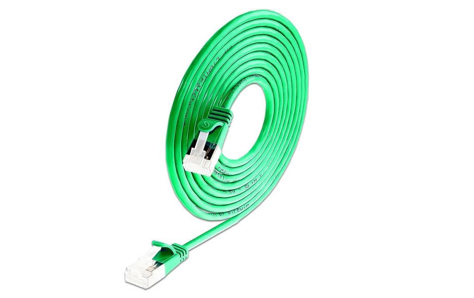 Slimpatchkabel RJ-45 - RJ-45, Cat 6A, U/FTP, 0.1 m, GrünGeschirmtes Cat 6A flaches Twisted-Pair-Kabel (U/FTP) mit Klinkenschutz und vergoldeten RJ-45 Steckern