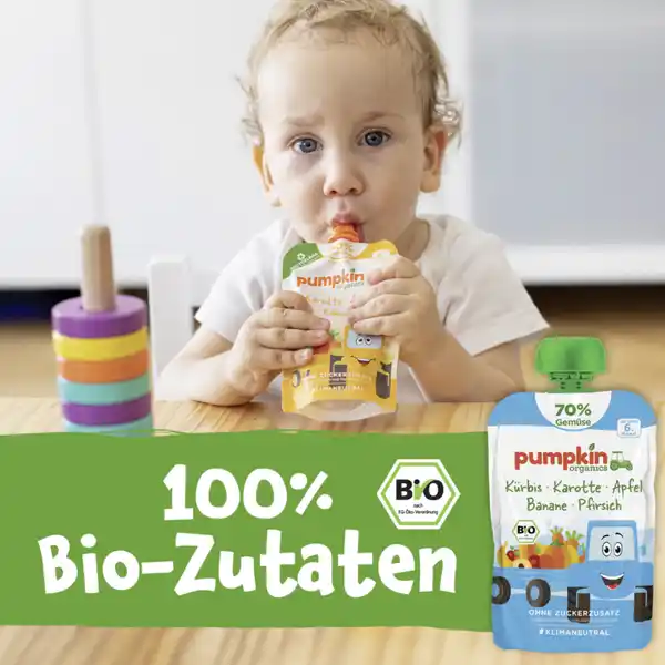 Bio Quetschie mit Kürbis, Karotte, Apfel, Banane & Pfirsich