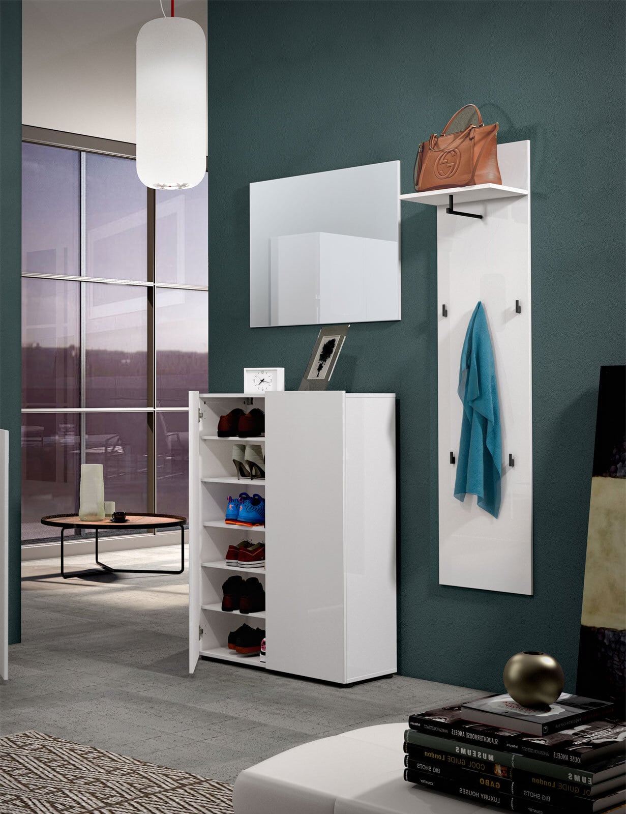 Schuhschrank VERONA 80 x 115 cm Weiß Lack Dekor
